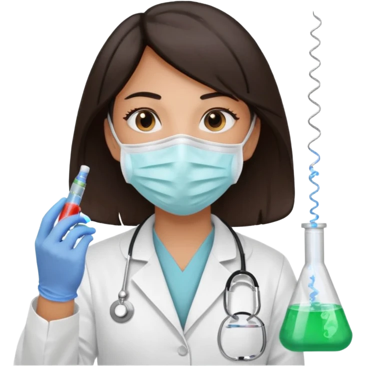 medica con guantes  y mascarilla e insumos laboratorio reactivo jerigan tubos  pelo negro largo triguella sin testoscopio emoji
