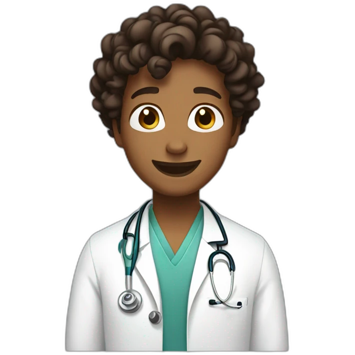 Doctor, brown skin, short hair, curly hair, oblique view, happy emoji
