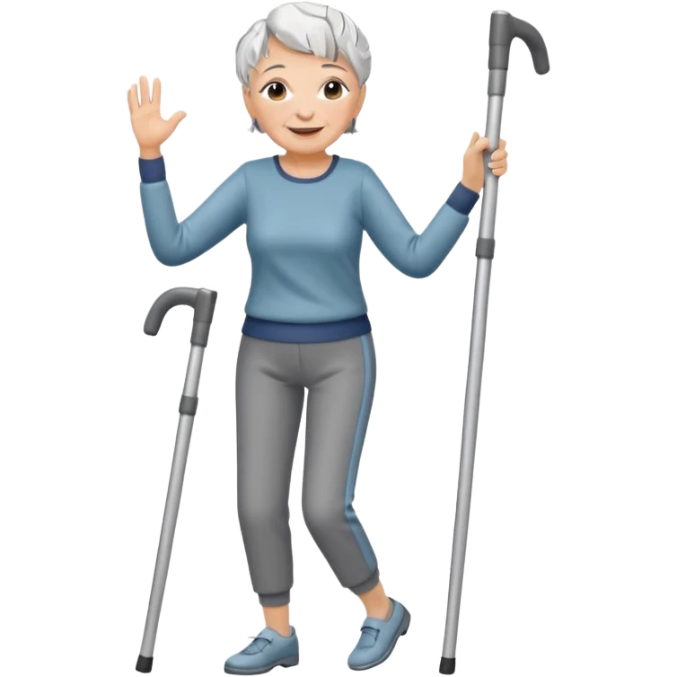 elderly woman with pants short grey hair dancing with crutches                     and with a sorry look emoji
