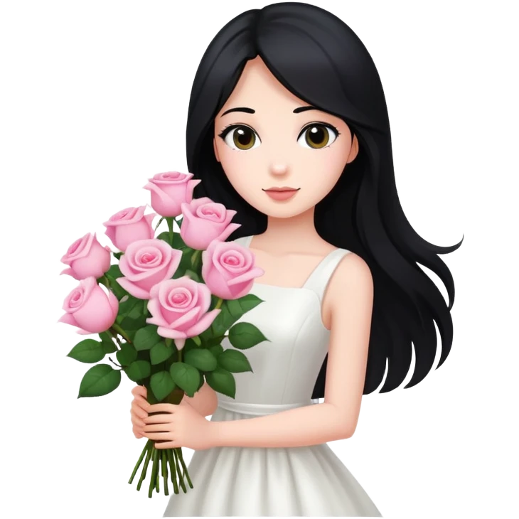 A beautiful girl with long black hair and a white dress is holding a bouquet of pink roses emoji
