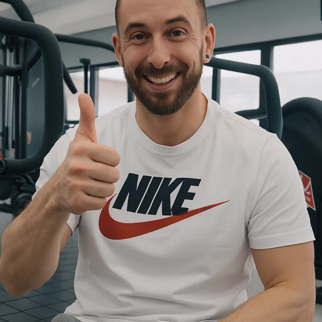The man in the photo is making the OK gesture with his thumb up, showing an amused expression, in a gym environment, photorealistic style. emoji