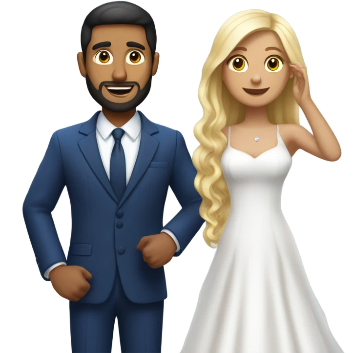 Puerto rican beard short hair with blue hat and navy blue suit getting Married with blond long hair girl with white  wedding dress  emoji