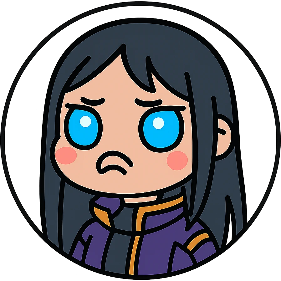 chibi cyberpunk girl with long straight black hair, large glowing neon-blue anime eyes, light peach skin, round face, small nose, soft cheeks, thin black line art, pouting expression with big lower lip sticking out, eyebrows curved upward with frustration, slightly puffed red cheeks, pure white background, inside a thin black circle emoji