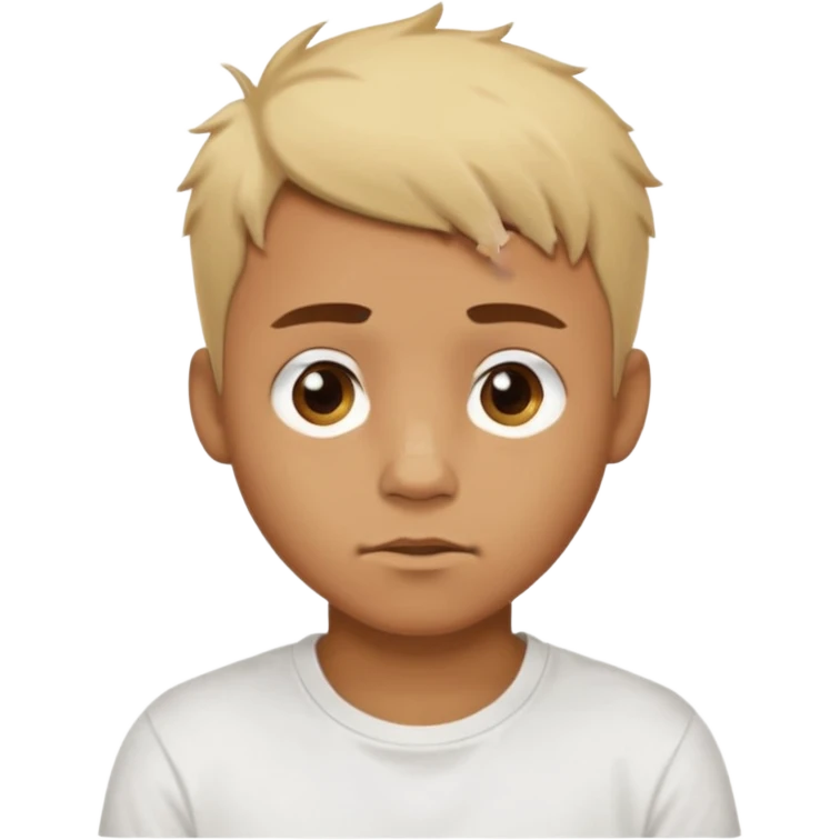 caramel skin colored Male with short buzz, messy blonde hair, large expressive golden-brown eyes, brown skin color, scar over nose, wearing a plain white t-shirt. emoji