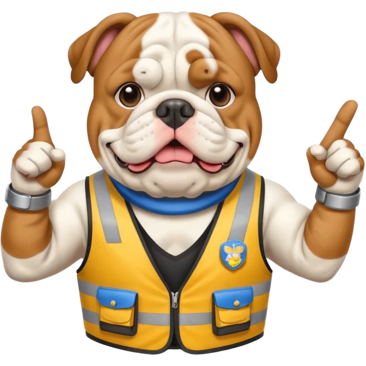 english bulldog pointing at a landmark, wearing a tour guide vest emoji
