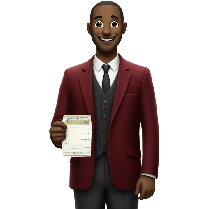 fat guy in dark red velvet suit holding cheque emoji