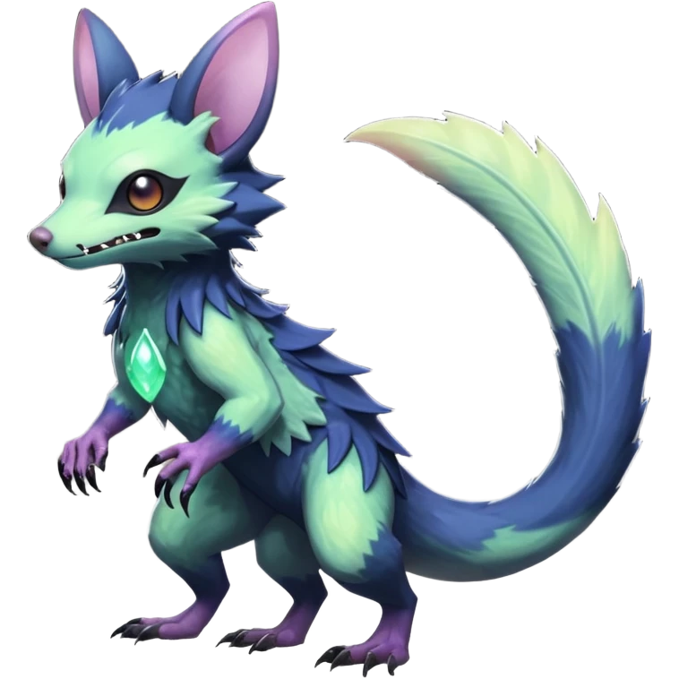 Realistic Sharp swampy mossy elemental detailed Colorful translucent luminescent glowing Trico-Noibat-batty-Sergal-Furret-Ferret-Wolverine-Vernid-furry-fursona-fusion-Fakemon-animal-hybrid-creature, full body emoji
