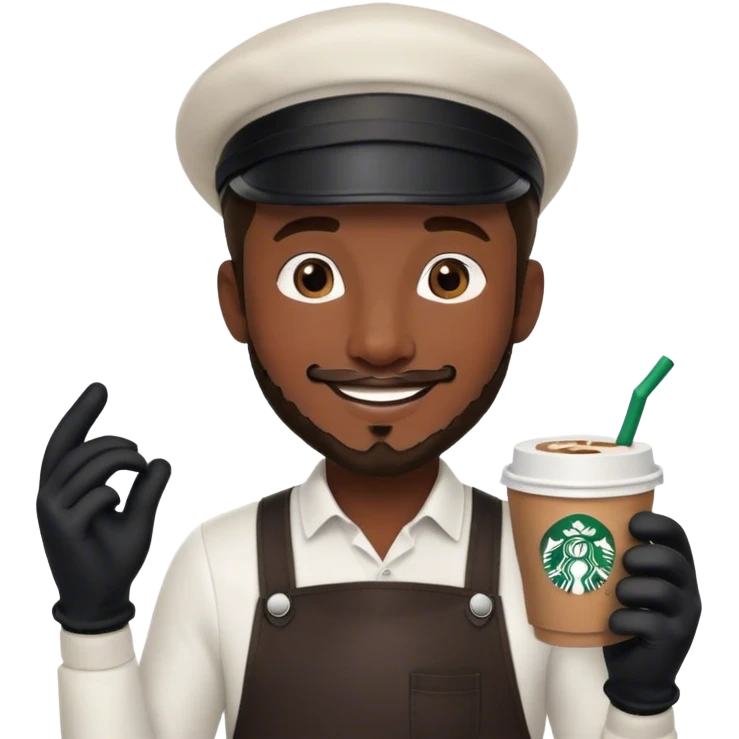 starbucks barista with a short beard and a paperboy cap wearing black gloves and smiling emoji