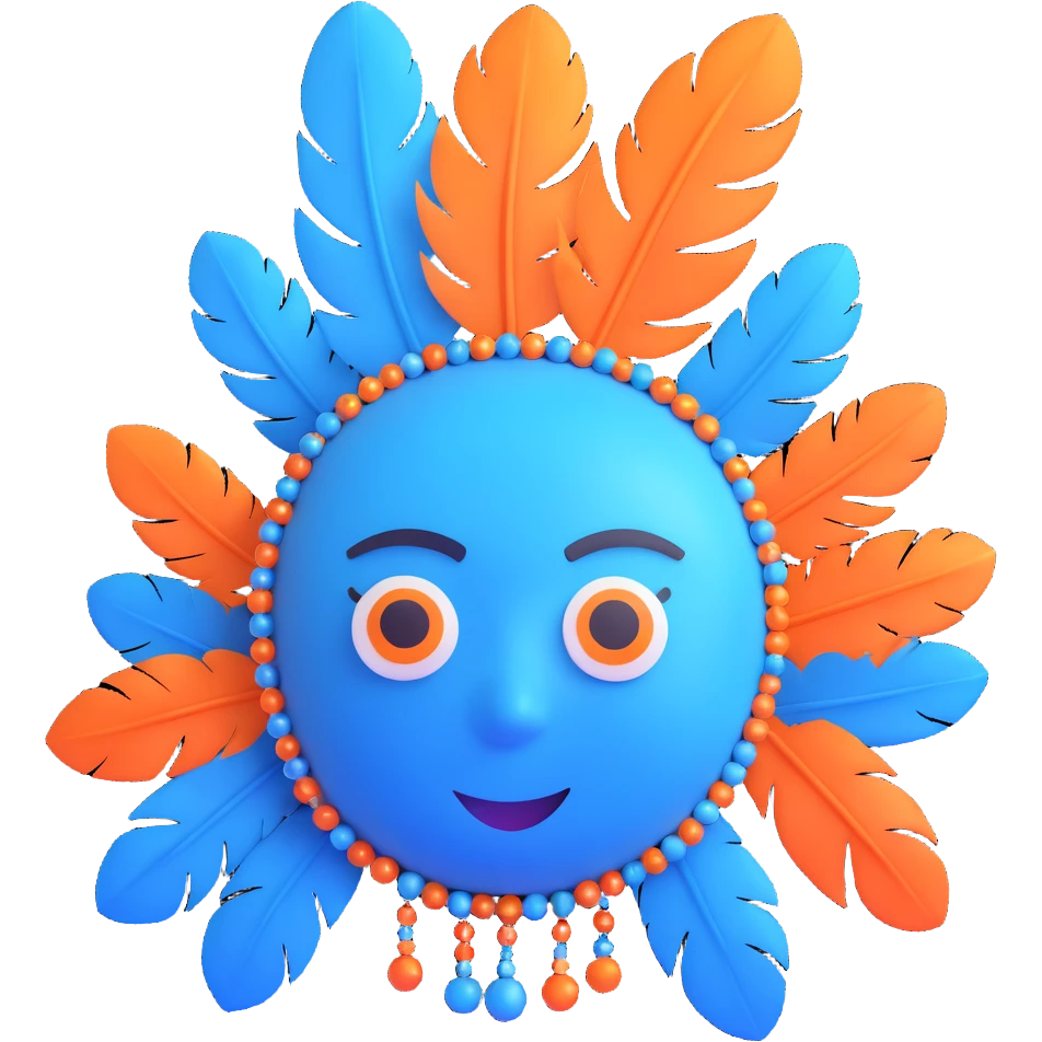 blue avatar emoji, decorated with feathers and beads, expressive and friendly, inspired by the reference emoji
