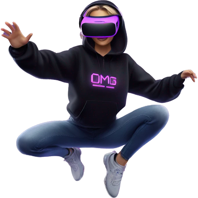 Russian girl wearing black hoody with violet letters "OMG", in vr headset oculus quest2. jumping. Cyberpunk style. Violet neon. emoji