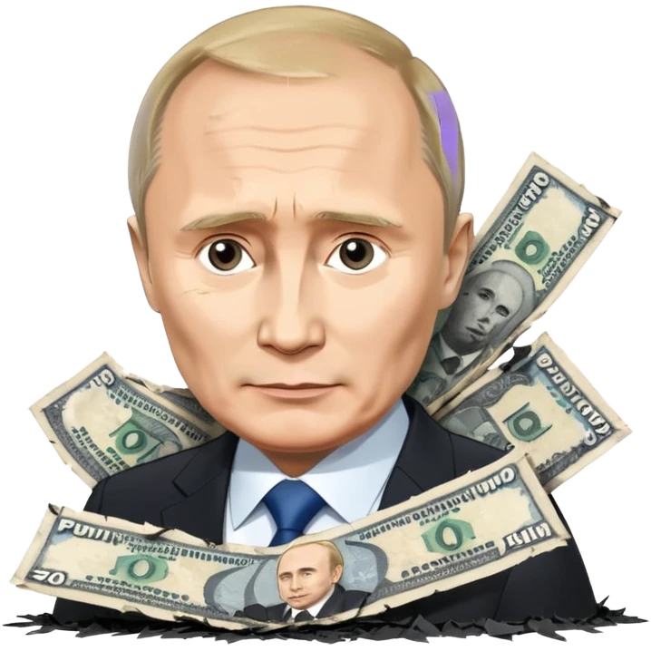 single stack of russian ruble notes with Vladmir Putin's picture on them blown into pieces because of explosion emoji