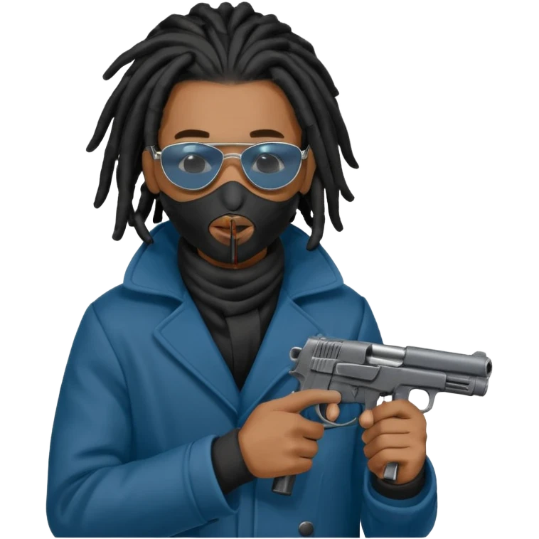 African American man with shoulder length black dreadlocks  wearing black sunglasses wearing a black winter coat wearing a blue hospital mask covering mouth and nose  holding a gun in hand emoji