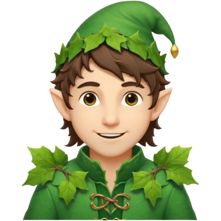 handsome elf with messy brunette hair wearing a leafy outfit and smile confidently emoji