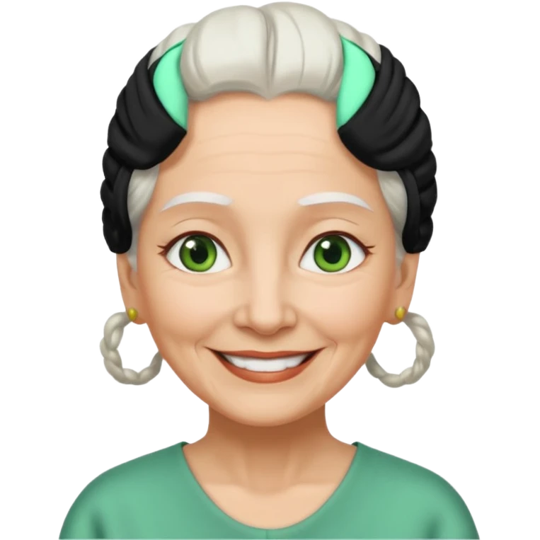 abuela con ojos verdes, pelo blanco, pelo blanco y amarrado, aspecto feliz emoji