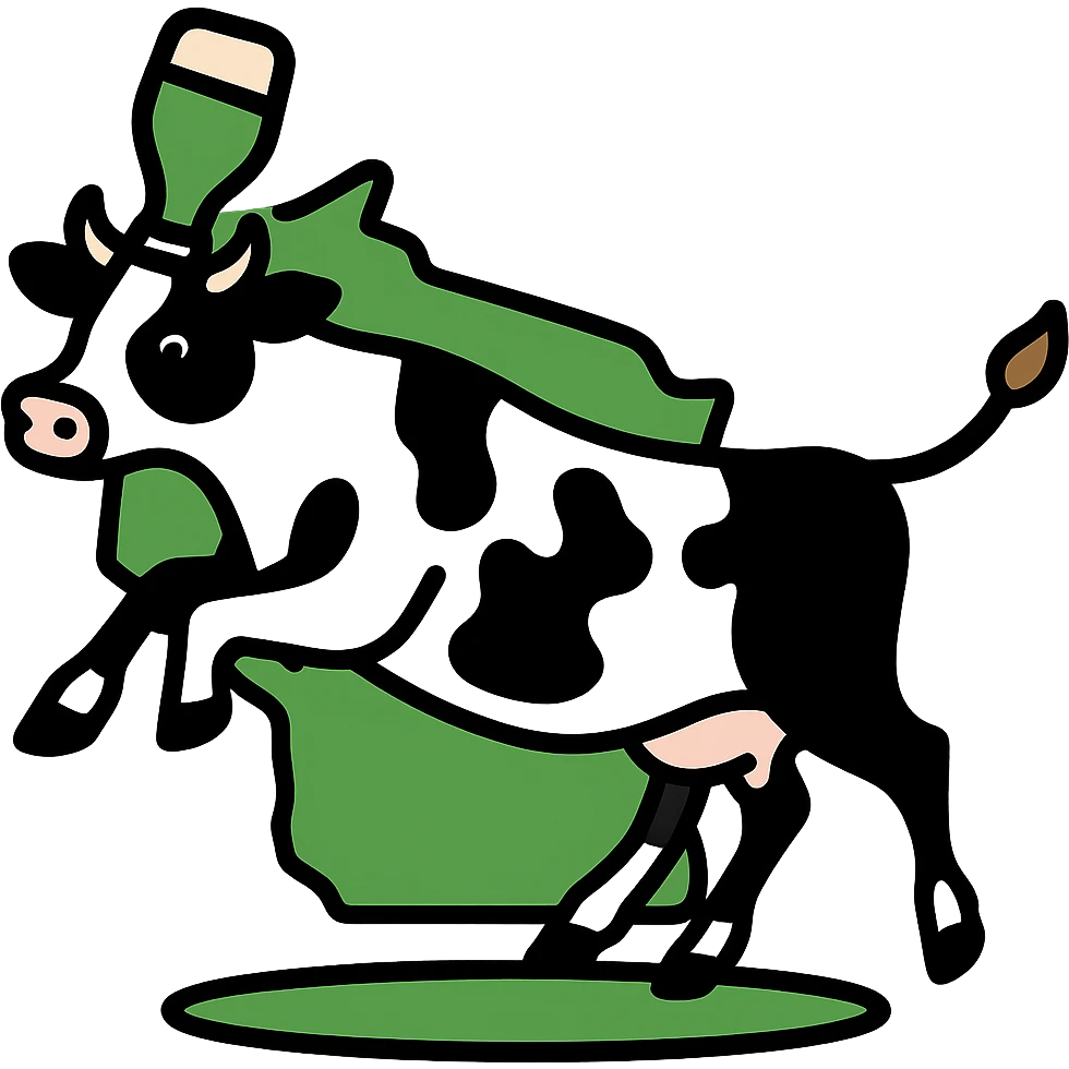 Change the cow on the simplified New Glarus Spotted Cow beer label to black and white, keep the cow jumping over the state of Wisconsin, green and white colors, no background. emoji