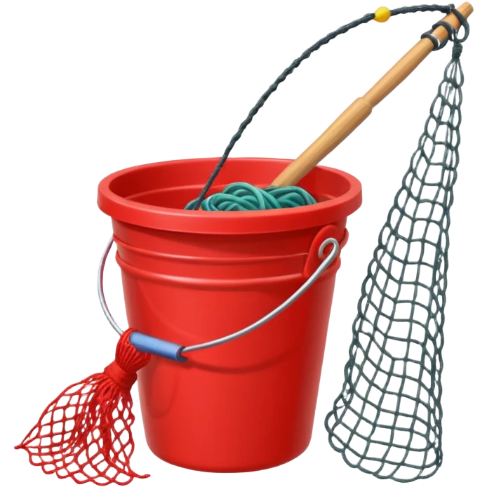 A small red bucket with a fishing net leaning against it.
 emoji