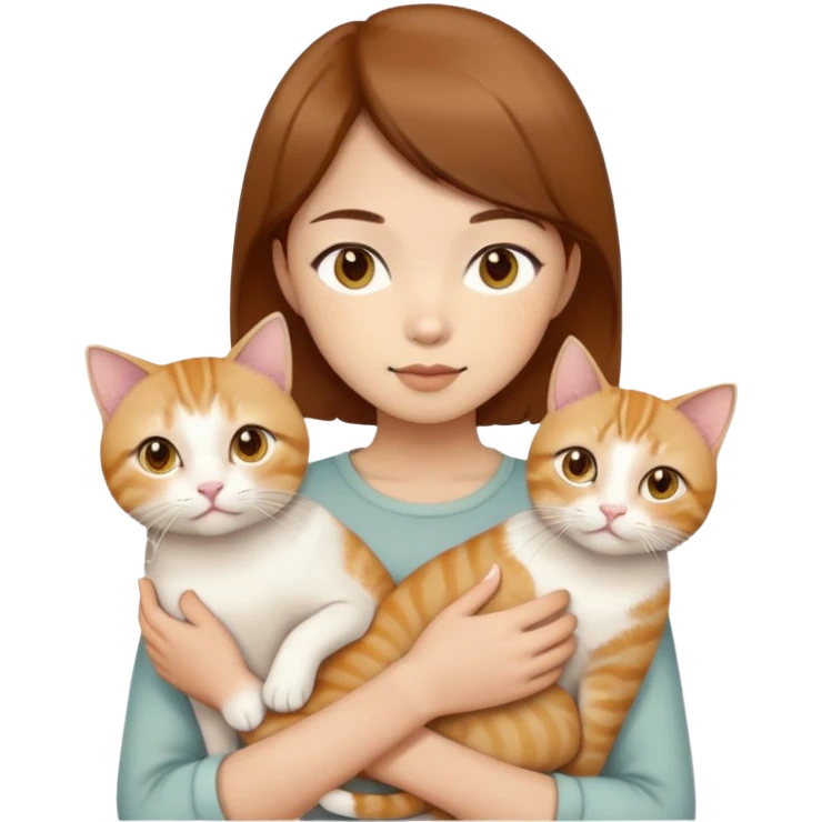 Asian girl, brown hair, brown eyes skin tone beige holding three cats one ginger, one yellow white one British short hair and cream colour emoji