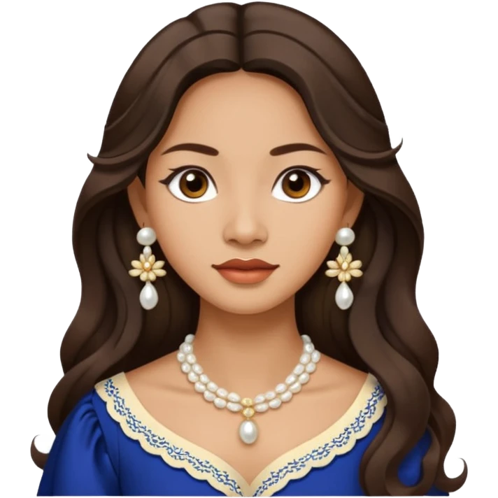 Tan Filipino woman with dark brown eyes and long dark wavy hair parted in the middle wearing a traditional filipiniana and white pearl stud earrings and no other jewelry emoji