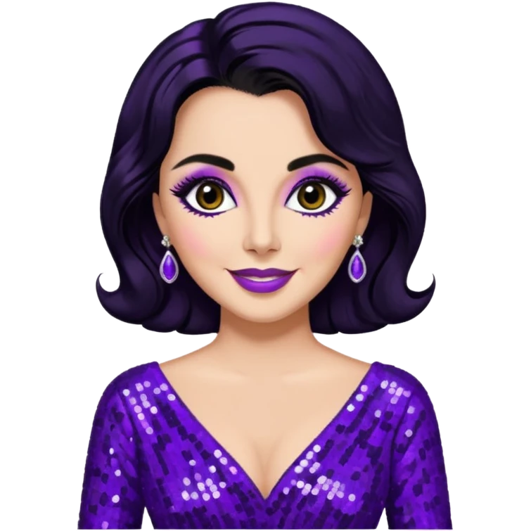 Elizabeth Taylor with long black hair, purple sequin outfit emoji