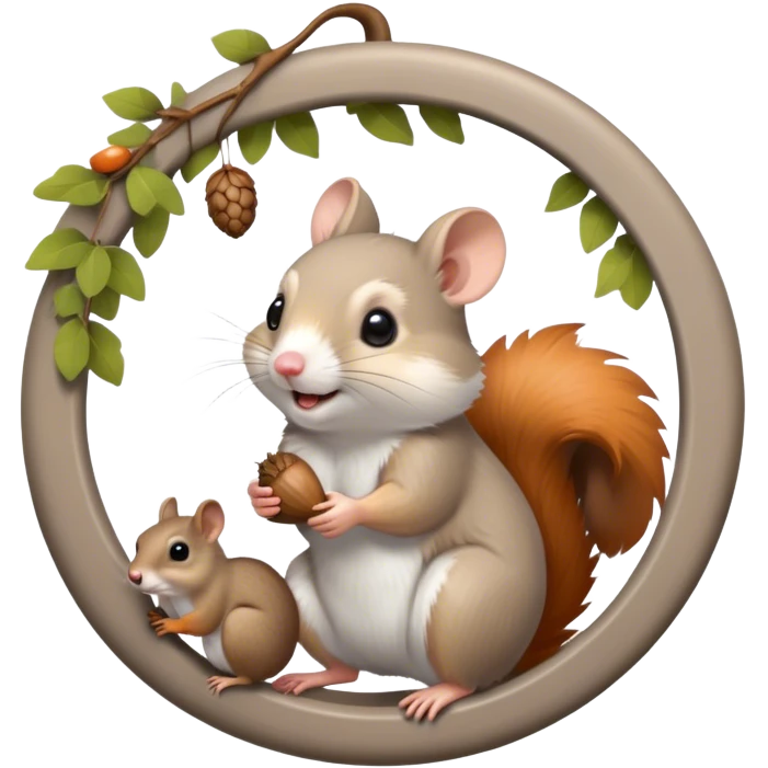 Icon for Rodents: A vibrant collage featuring a playful hamster in a wheel, a fluffy gray mouse with large ears, and a cheeky squirrel holding an acorn. Background with scattered seeds and tree branches. Transparent background. emoji