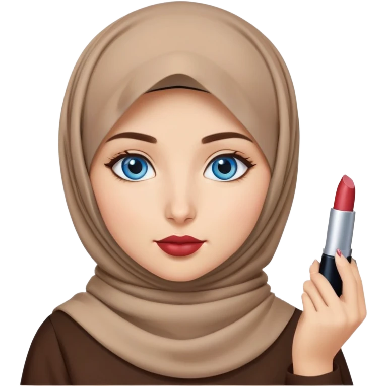 Turkish beautiful finish Konya girl blue eyes with brown beige hijab islamic dress and had on her hand lipstick emoji