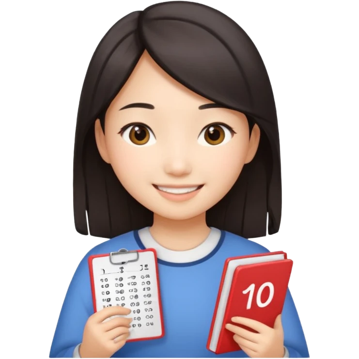 A Asian girl showing a math test with 100% on it emoji