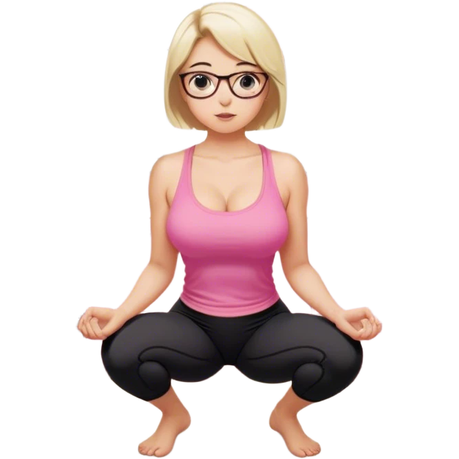 view from quarter angle, fair skinned woman, thick milf, short blond hair, small reading glasses, squatting down in kitchen, pink loose tank top, showing natural B cup breast shape SFW, black yoga pants, large curvy booty emoji