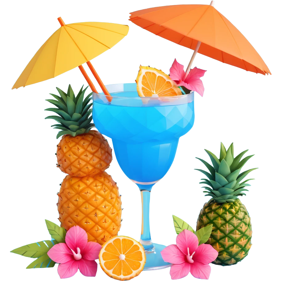 blue tropical cocktail with hibiscus, pineapple, and tiny pastel paper umbrella garnishes emoji