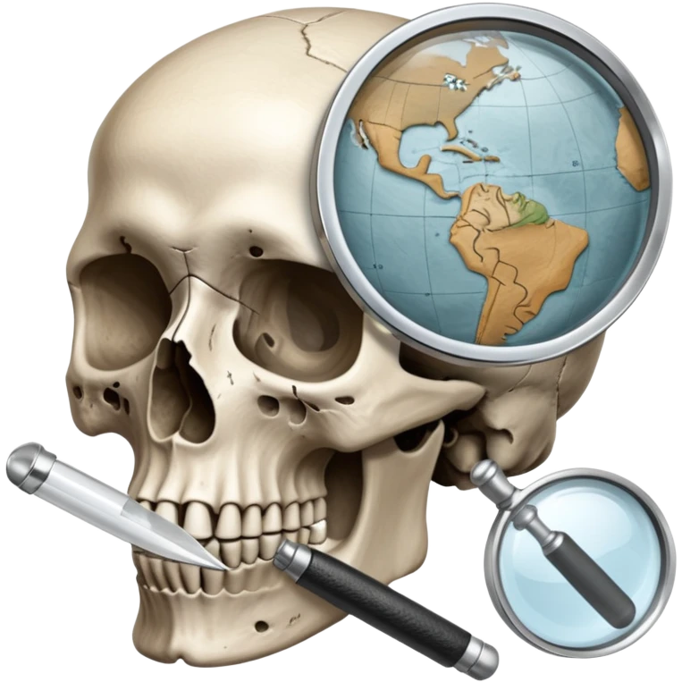 An icon featuring a human skull and fossils, representing anthropology. The design includes a magnifying glass and a map of ancient human migration paths, symbolizing the study of human evolution and cultures. Transparent background highlights the scientific exploration of humanity’s past. emoji