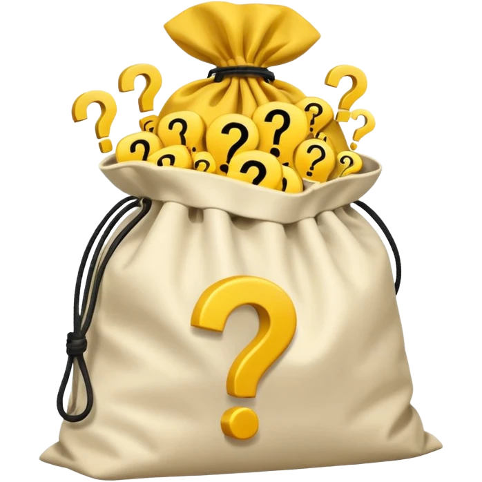 tied bag printed with q&a overstuffed with yellow question marks emoji