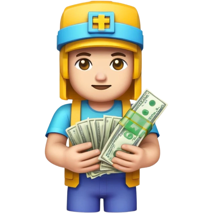 emoji style icon, minecraft blocky character holding a stack of money, pixel art style, bright colors, simple background, 3D glossy emoji, centered composition, soft shadow, high detail, clean outline, white background emoji