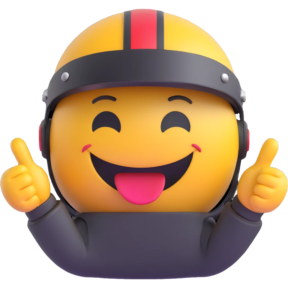 3D smiley emoji, round shape, motorcyclist making rock hand signs: both hands showing rock signs, helmet, funny face emoji
