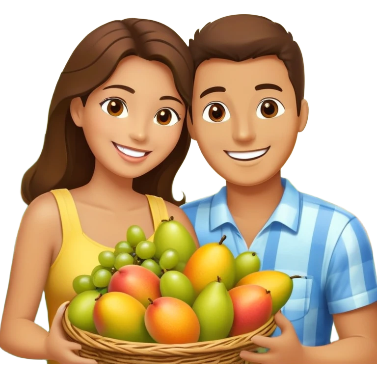 A happy couple (man and woman) sitting together, enjoying fresh fruits from a basket. The basket is filled with mangoes, grapes, oranges, and a pineapple. The couple is smiling and eating fruit, creating a warm and joyful atmosphere. The scene is colorful and vibrant, representing freshness and nature emoji