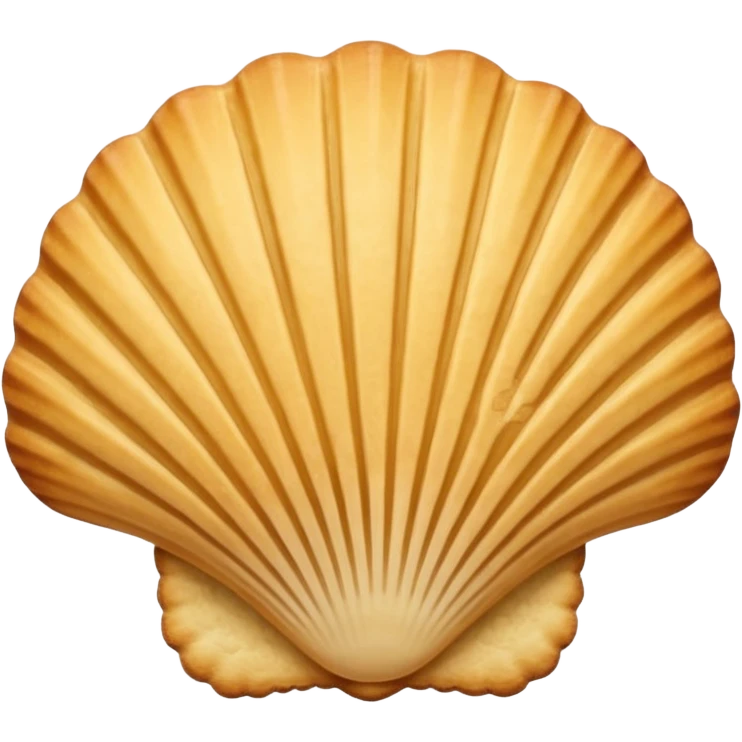 A madeleine pastry. Scalloped seashell shape with four to five vertical lines going in the same direction. Light golden brown. Scalloped edge. Cookie. Flat. emoji