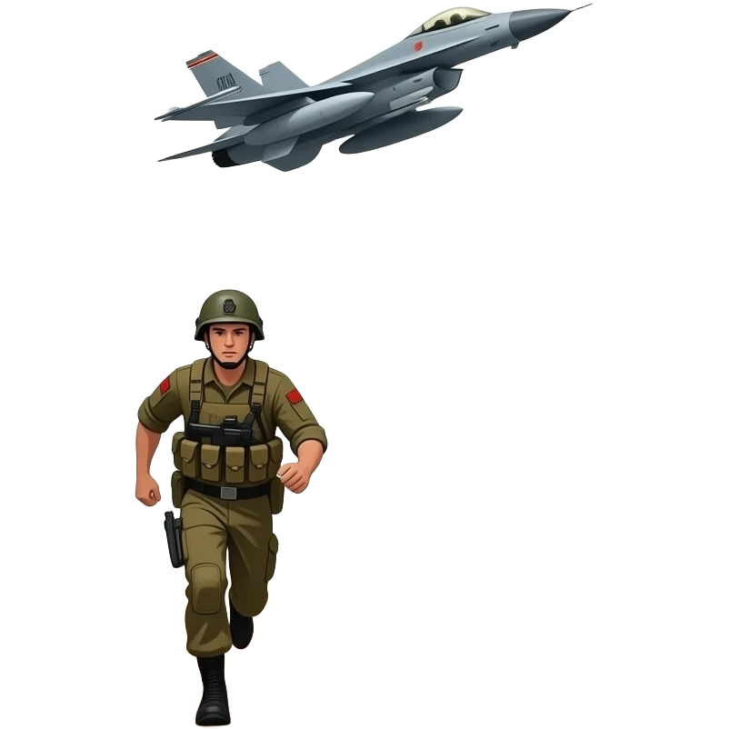 War a battle field where soldiers are dieing bildings are in fire fighter jet is flying a soldier is runing to words enemy emoji