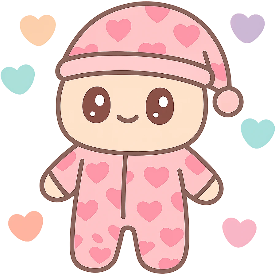 pink pajamas covered in heart prints, surrounded by floating hearts, adorable and inviting emoji