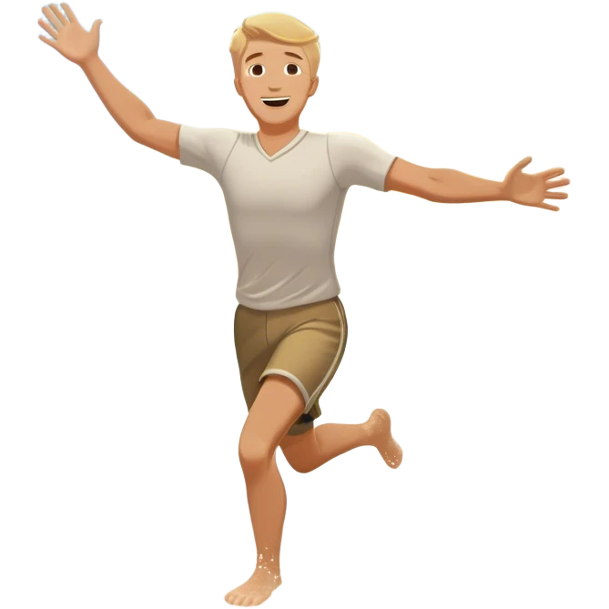 A white man running into the ocean with arms wide open, embracing the waves and the moment. The sun shines warmly, and the water sparkles, symbolizing the joy of creating fun and appreciating life’s simple moments. Their footprints in the sand fade as they fully immerse themselves in the present. emoji