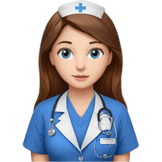 university classroom that says nursing school on the board with a pretty female nursing student with long brown hair, blue eyes emoji