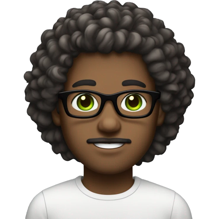 Guy with green eyes and black specs, white skin curly hair, small goate below the lips. Hair colour is dark brown, fade hairstyle - is designing emoji