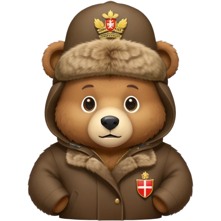 Cute brown bear in Russian fur ushanka hat with coat of arms pin, front view, iOS emoji style emoji