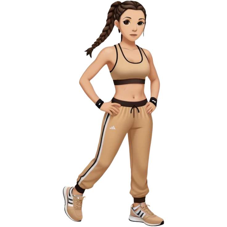 Melanie chisholm with two dark brown french braids, wearing a sports bra and track pants with sneakers emoji