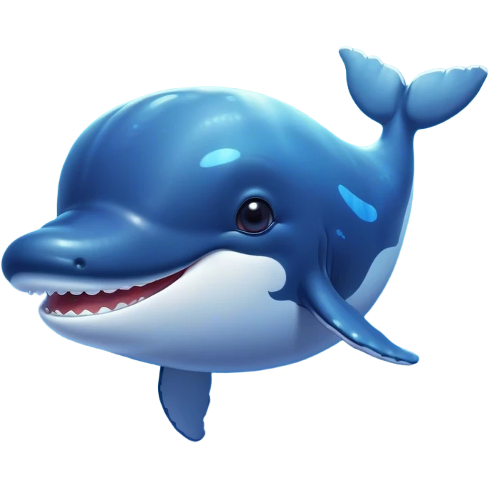 Cinematic Cute Humpback Whale Portrait Emoji, Head tilted playfully and inquisitively, featuring a softly rounded body with bright, sparkling eyes and an adorably expressive mouth, Simplified yet irresistibly adorable features, highly detailed, glowing with a warm, ocean-blue glow, high shine, affectionate and gentle, stylized with a touch of whimsical aquatic charm, soft glowing outline, capturing the essence of a friendly and endearing whale that seems as if it could sing its way into your heart! emoji