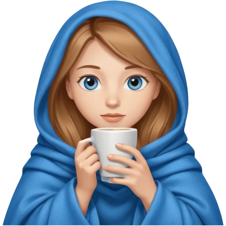 A girl with blue eyes, long eyelashes, very long light brown hair, inside a blue blanket with coffee emoji