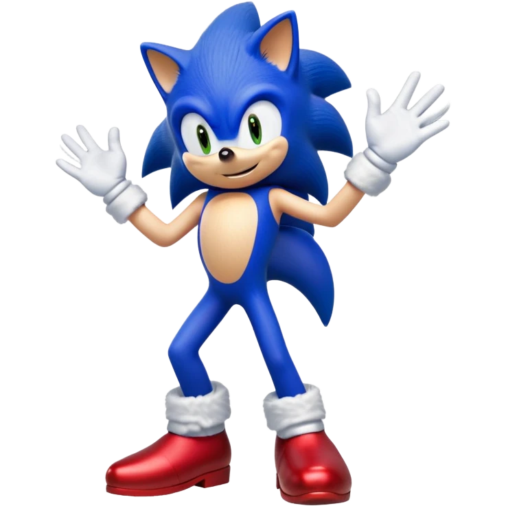 "A high-quality digital illustration of Sonic the Hedgehog in his Sonic the Hedgehog 3 design. He is standing and facing directly forward, smiling cheerfully. One of his hands is raised in a friendly 'hi' gesture, while the other rests naturally. His blue fur, red shoes, and white gloves are vibrant and well-defined. The background is completely transparent, making the character standalone. The art style closely resembles official Sonic the Hedgehog 3 promotional artwork, with smooth shading, bright colors, and crisp outlines." emoji