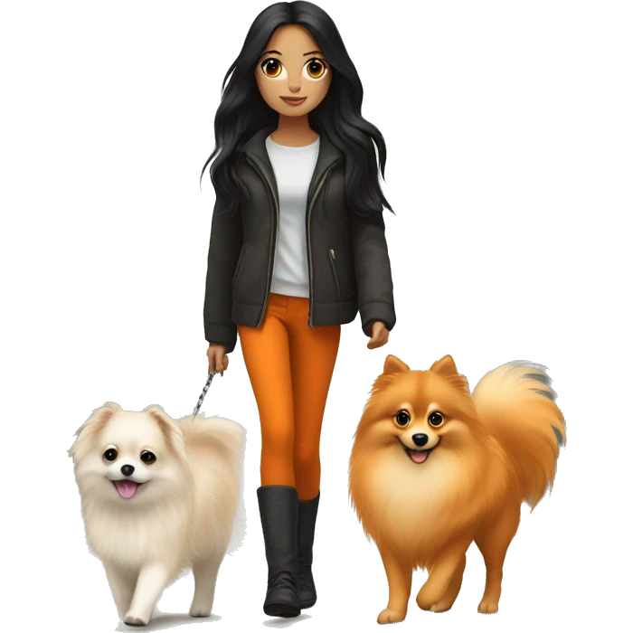 pale girl with long black hair walking with orange pomeranian emoji