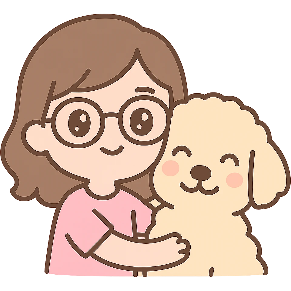 chibi style brunette female with glasses smiling with her cream colored goldendoodle, both smiling emoji