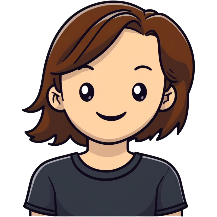 White girl with medium length brown hair, happy expression emoji