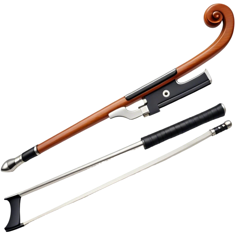 Create a detailed emoji representing a cello bow. The design should feature the elegant and slender shape of the bow, with visible intricate details like the fine wood texture, the metal ferrule, and the soft horsehair stretched tightly across it. Include subtle accents like the leather grip near the frog and delicate wooden finish. The bow should have a classic, polished look, with a touch of sophistication. Use warm wooden tones, silver, and black to highlight the craftsmanship of a professional cello bow. The background should be transparent. emoji