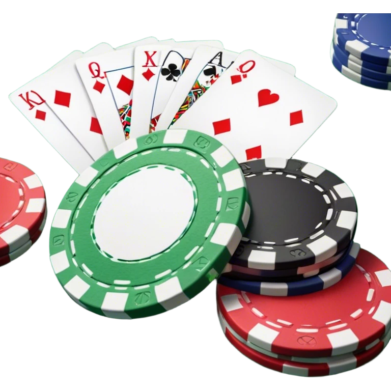 A photorealistic icon featuring playing cards and a stack of poker chips on a green felt table. Bright, detailed design with realistic textures and lighting. Transparent background, clearly symbolizing card games and strategy. emoji