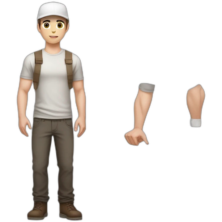 Pale skinned fit Man with dark brown hair in a light gray cap, dark brown jeans, brown polo and white T-shirt keeping a pasted with tape white box into his hands emoji
